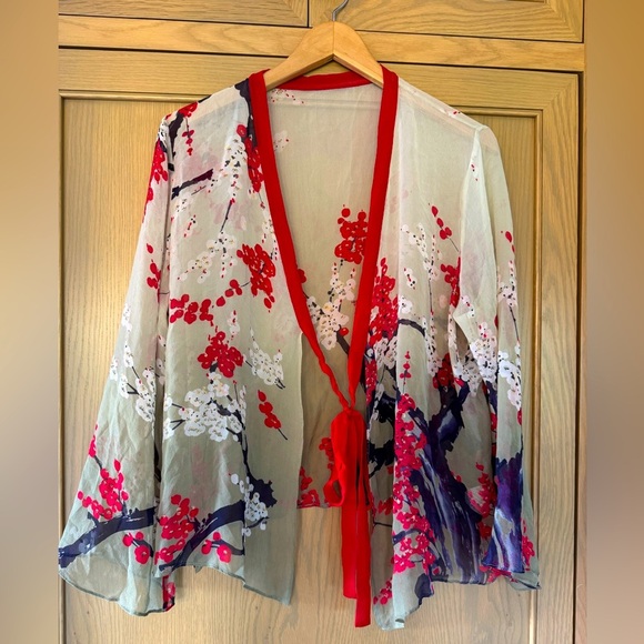 Vintage Silk Harari Floral Sheer Kimono Cardigan Tie Front / OSFM - Picture 1 of 10